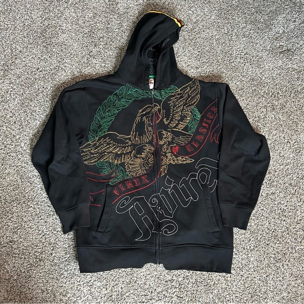Vintage Y2K Avirex Hoodie Men Large Black Eagle AOP Grunge Skater Cyber Goth 90s